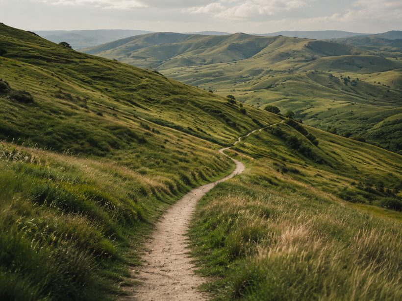 A footpath curving over green hills